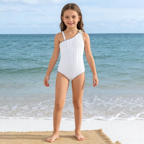 REDARER Girls Ribbed One-Shoulder One-Piece Swimsuit with Starfish Detail UPF 50+ for Big Kids,9-10 Years