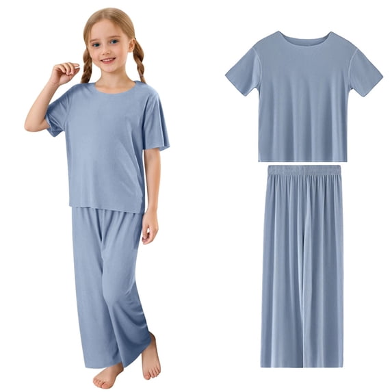 REDARER Girls Ribbed Short Sleeve Top & Elastic Waist Long Pants 2-Piece Soft Summer Loungewear Set,8-9 Years