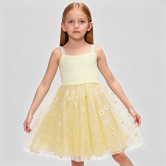 REDARER Girls Ribbed Sleeveless Dress with Daisy Print Tulle Skirt & Floral Straps Princess Party Summer Outfit,2-3 Years