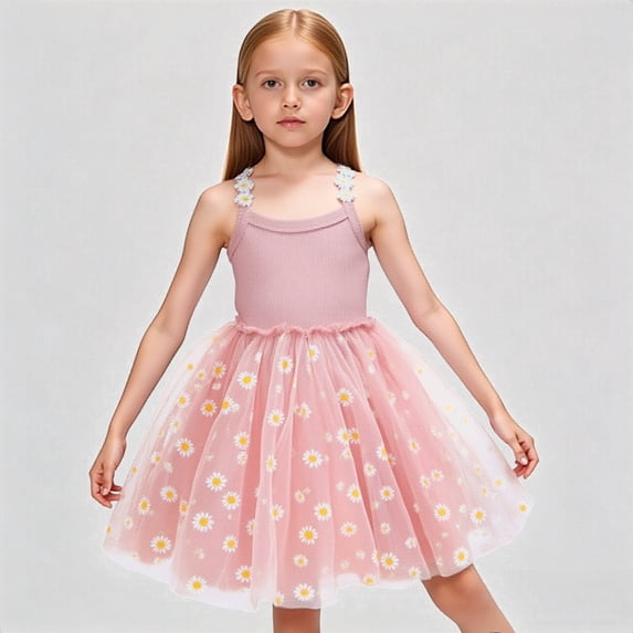 REDARER Girls Ribbed Sleeveless Dress with Daisy Print Tulle Skirt & Floral Straps Princess Party Summer Outfit,3-4 Years