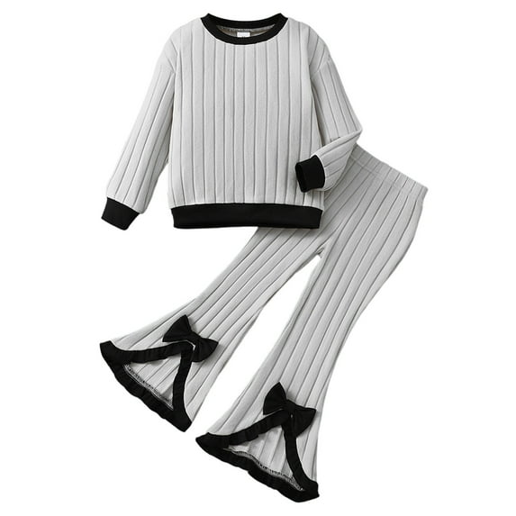 REDARER Girls Ribbed Two Piece Set - Long Sleeve Round Neck Top with Flared Pants, Comfortable Casual Playwear,Size:5-6 Years