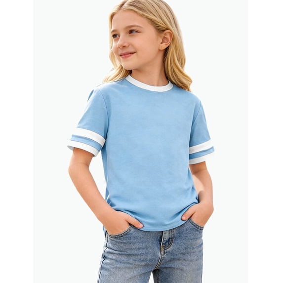 REDARER Girls Ringer Striped Short Sleeve T-Shirt Casual School Daily Top,10-11 Years