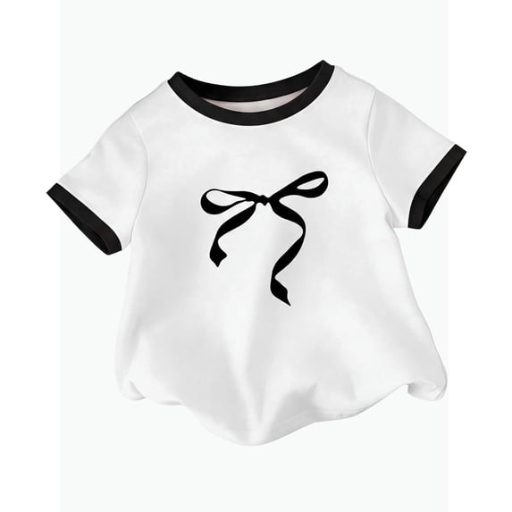 REDARER Girls Ringer T-Shirt Bow Print Short Sleeve Solid Cute Casual Soft Cotton Daily Wear Tee,7-8 Years