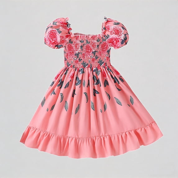 REDARER Girls' Rose Print Smocked Dress with Puff Sleeves & Ruffle Hem Summer Vacation Outfit,2-3 Years