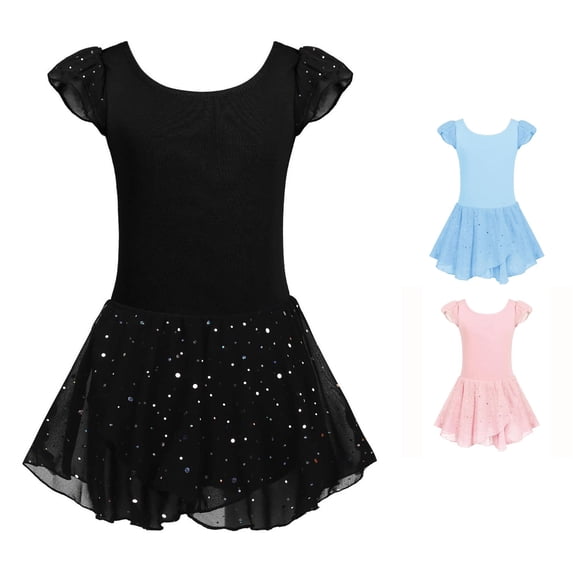 REDARER Girls Ruffle Cap Sleeve Ballet Leotard Sparkly Sequin Tulle Tutu Skirt Soft Stretchy Dance Practice Outfit,3-4 Years