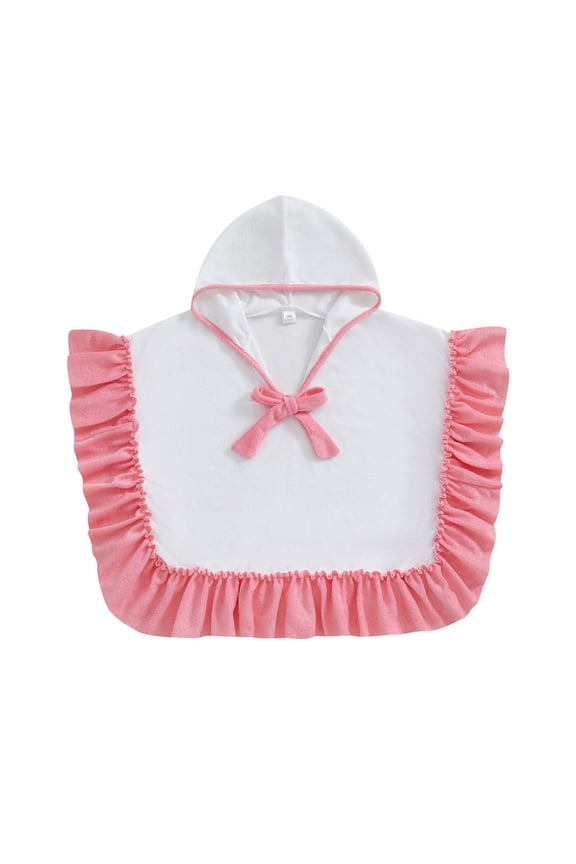 Girls Ruffle Hooded Poncho Towel Solid White Frill Bow Decor Oversized Soft Absorbent Hooded Wrap Towel For Bath Pool Beach Shower,2-3 Years