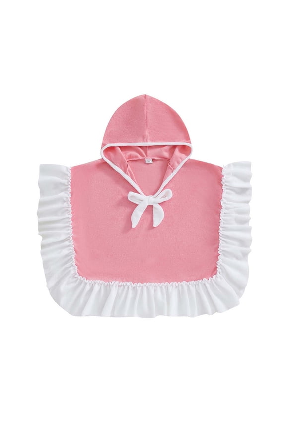 Girls Ruffle Hooded Poncho Towel Solid White Frill Bow Decor Oversized Soft Absorbent Hooded Wrap Towel For Bath Pool Beach Shower,3-4 Years