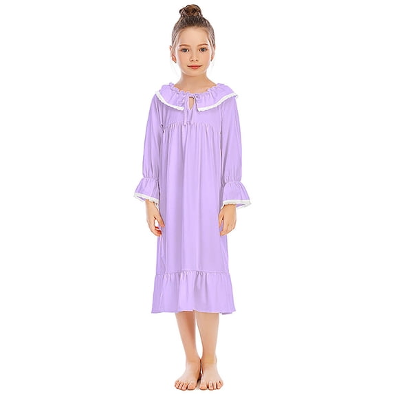 REDARER Girls Ruffle Nightgown - Long Sleeve Crew Neck Pajama Set, Soft Sleepwear for Kids (2025 Summer),Size for 5-6 Years