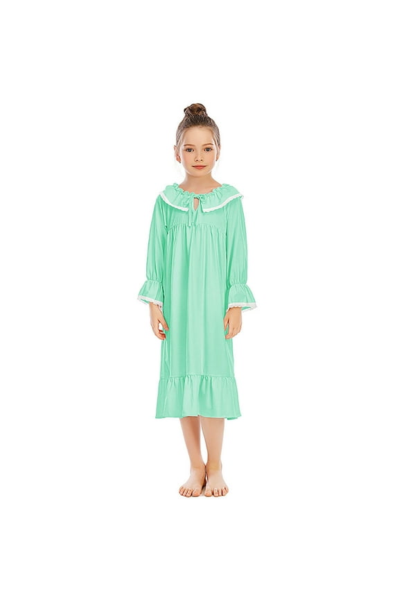 Girls Ruffle Nightgown - Long Sleeve Crew Neck Pajama Set, Soft Sleepwear for Kids (2025 Summer),Size for 5-6 Years