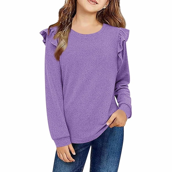 REDARER Girls Ruffle Shoulder Long Sleeve Top Crew Neck Soft Casual Blouse Fall Winter Tunic Shirt for Big Kids Tweens Daily Wear,5-6 Years