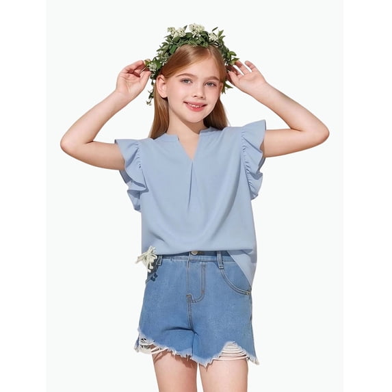 REDARER Girls Ruffle Sleeve V-Neck Blouse Solid Color Casual Summer Lightweight Top,7-8 Years