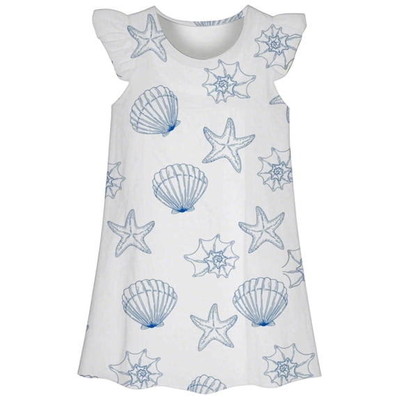 REDARER Girls Ruffled Sleeveless Nightgown Seashell Ocean Print Soft Lightweight Round Neck Summer Pajama Dress Casual Home Loungewear For Toddler Kids,5-6 Years
