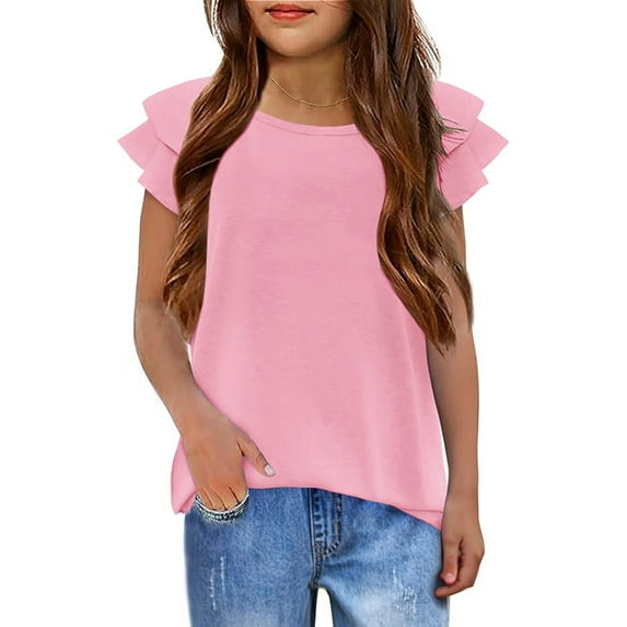 REDARER Girls' Ruffled Wavy Sleeve Crew Neck T-Shirt - Summer Casual Plain Short Sleeve Kids Versatile Daily Wear Top,11-12 Years