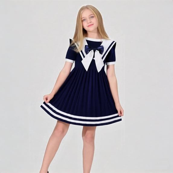 REDARER Girls Sailor Dress Short Sleeve Nautical Pleated Skirt with Bow Tie for School & Casual Wear,10-11 Years