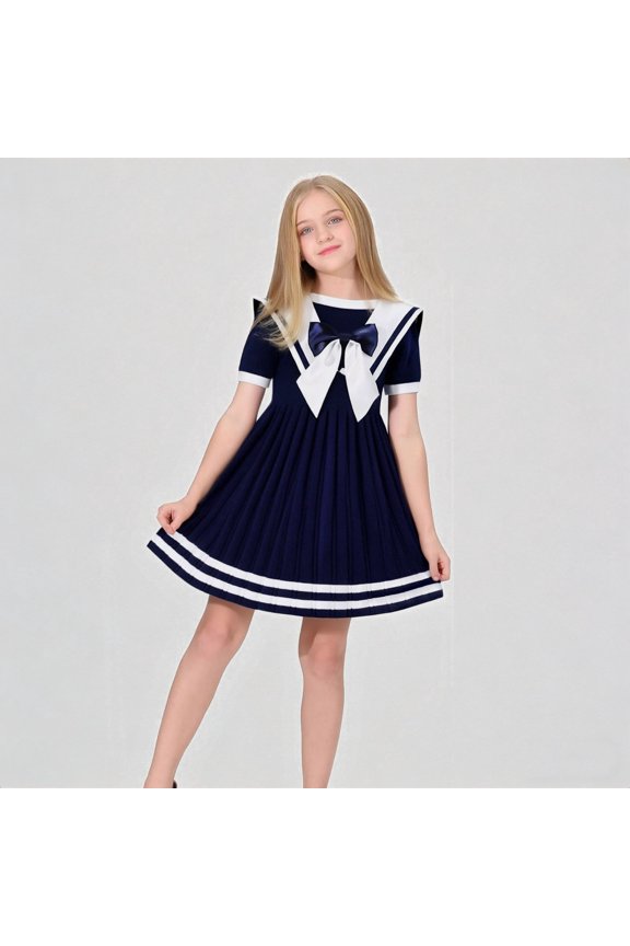 Girls Sailor Dress Short Sleeve Nautical Pleated Skirt with Bow Tie for School & Casual Wear,10-11 Years