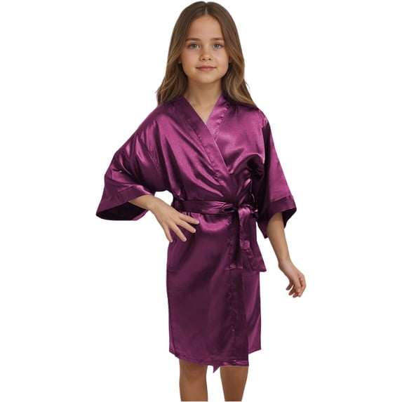 REDARER Girls' Satin Kimono Robe, Silk Half-Sleeve Bathrobe for Spa, Wedding & Birthday Party Wear,5-6 Years