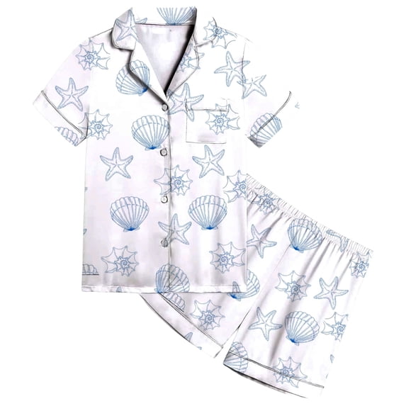 REDARER Girls Satin Pajama Set with Cute Ocean Seashell Print Comfortable Sleepwear for Toddler Kids Casual Loungewear Soft Breathable Fabric,2-3 Years