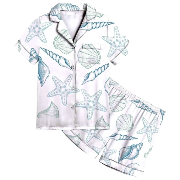 REDARER Girls Satin Pajama Set with Cute Ocean Animal Print Comfortable Sleepwear for Toddler Kids Casual Loungewear,8-9 Years