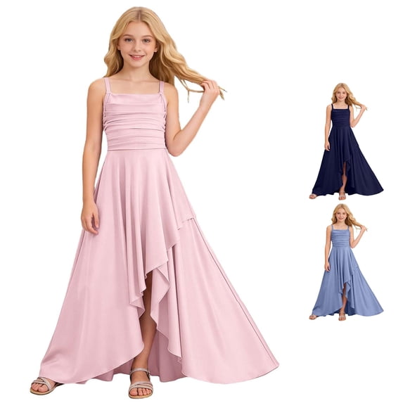 REDARER Girls Satin Spaghetti Strap Formal Dress Ruched Waist High Low Hem Wedding Bridesmaid Party Gown,8-9 Years