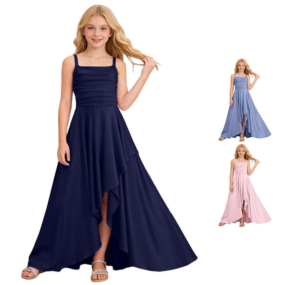 REDARER Girls Satin Spaghetti Strap Formal Dress Ruched Waist High Low Hem Wedding Bridesmaid Party Gown,9-10 Years