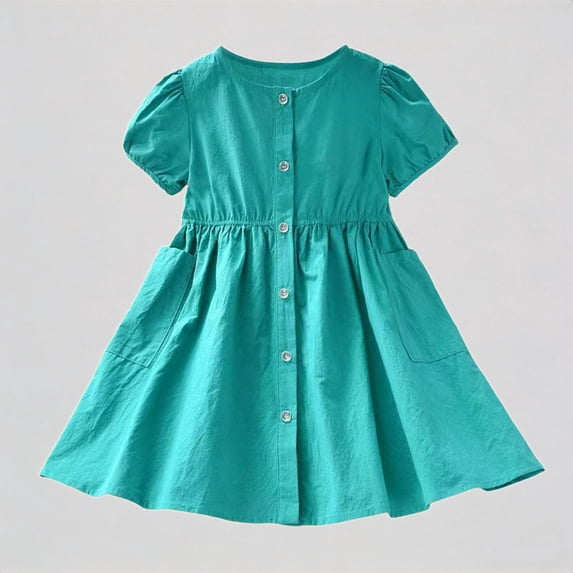 REDARER Girls' Short Puff Sleeve Button-Front Dress, Cotton A-Line Shirt Dress with Pockets, Summer Casual Playwear Dress for Kids,1-2 Years