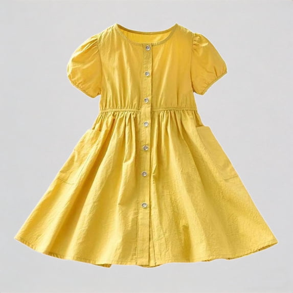 REDARER Girls' Short Puff Sleeve Button-Front Dress, Cotton A-Line Shirt Dress with Pockets, Summer Casual Playwear Dress for Kids,3-4 Years