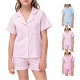 thumbnail image 1 of REDARER Girls Short Sleeve Button Down Pajama Set Stripe Print Soft Comfy Two Piece Summer Sleepwear,10-11 Years, 1 of 4