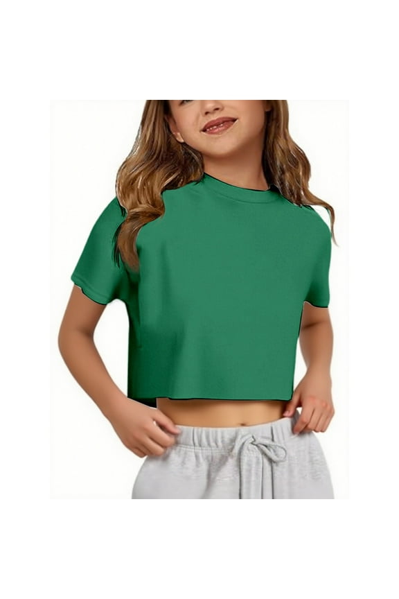 Girls' Solid Color Crop Top - Casual Cute Comfortable Everyday Wear Tee Fashion Kids Top,13-14 Years