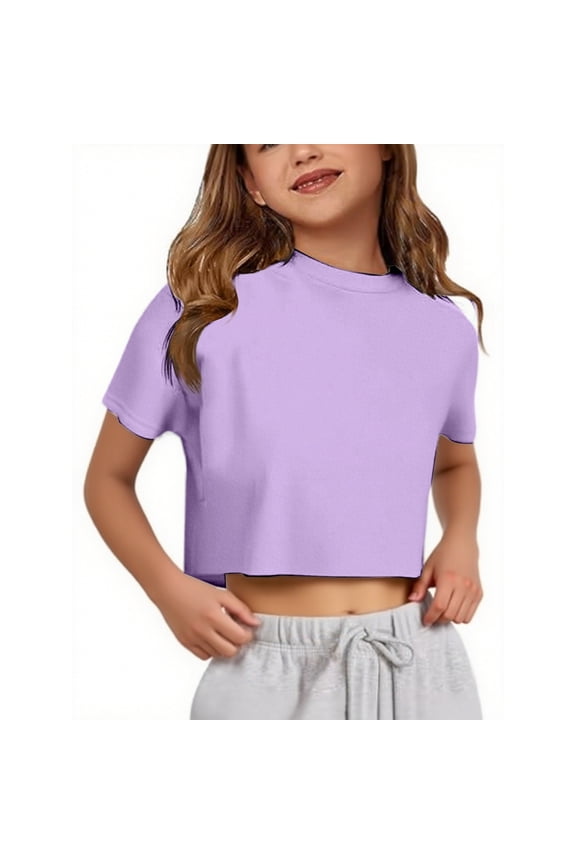 Girls' Solid Color Crop Top - Casual Cute Comfortable Everyday Wear Tee Fashion Kids Top,11-12 Years