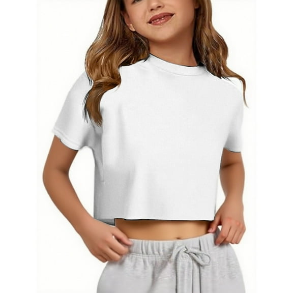 REDARER Girls Short Sleeve Crop T-Shirt Round Neck Comfortable Casual Top Cute Everyday Wear Soft Breathable Kids Tee,Color:White,Size:7-8 Years
