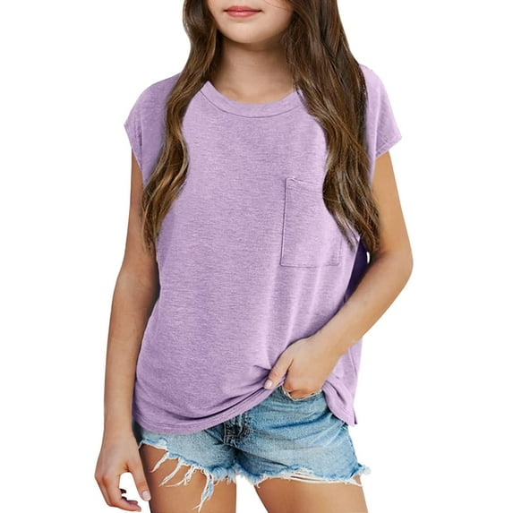 REDARER Girls Short Sleeve Hooded Top With Pocket Comfortable Casual Tee For Summer Home School Beach Activities,Color:Light Purple,Size:7-8 Years
