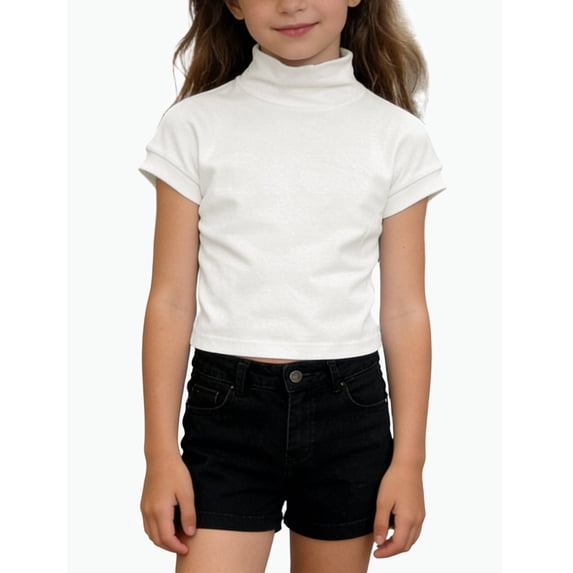 REDARER Girls Short Sleeve Neck Crop Top Stretchy Solid Casual Soft Cotton School Play Tee,9-10 Years