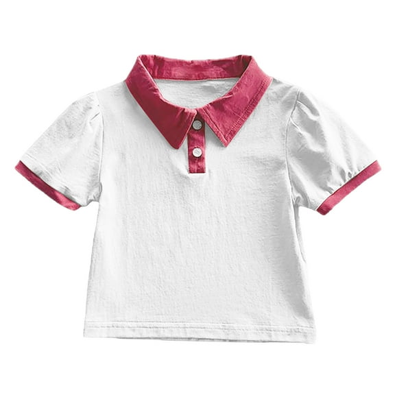 REDARER Girls Short Sleeve Polo Shirt Contrast Color Collar Top Casual Toddler Kids Shirt For Spring Summer Beach,Color:White,Size:6-7 Years