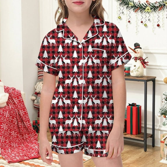 REDARER Girls Short Sleeve Satin Pajama Set Button Down Sleepwear with Buffalo Plaid Reindeer Christmas Tree Print for Holiday Lounging,12-13 Years