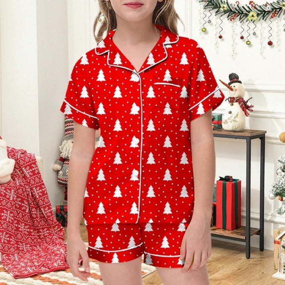 REDARER Girls Short Sleeve Satin Pajama Set Button Down Sleepwear with Christmas Tree Dot Print for Holiday Lounging and Nightwear,2-3 Years