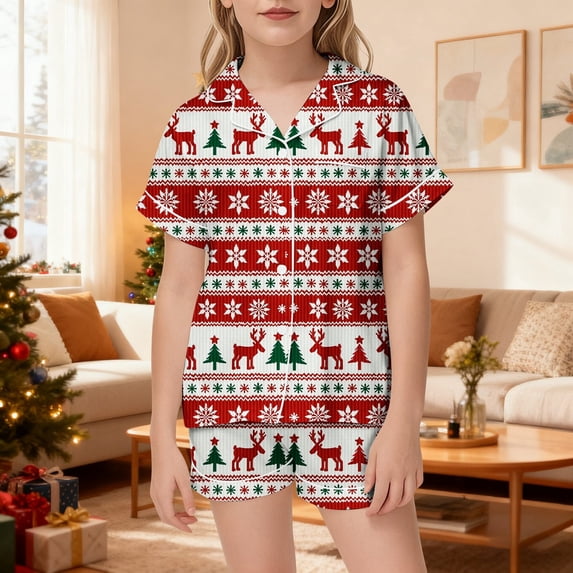 REDARER Girls Short Sleeve Satin Pajama Set Button Down Sleepwear with Reindeer Snowflake Christmas Fair Isle Print for Holiday Family Lounging,8-9 Years