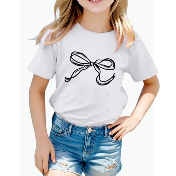 REDARER Girls Short Sleeve T-Shirt Bow Graphic Print Solid Cute Casual Soft Cotton Daily Wear Tee,10-11 Years