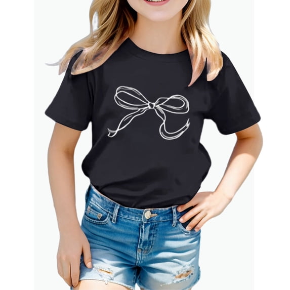 REDARER Girls Short Sleeve T-Shirt Bow Graphic Print Solid Cute Casual Soft Cotton Daily Wear Tee,6-7 Years
