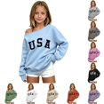 thumbnail image 1 of REDARER Girls Off Shoulder Sweatshirt Long Sleeve USA Letter Print Pullover Solid Color Loose Lightweight Casual Top for Kids Holiday Daily Wear,11-12 Years, 1 of 4
