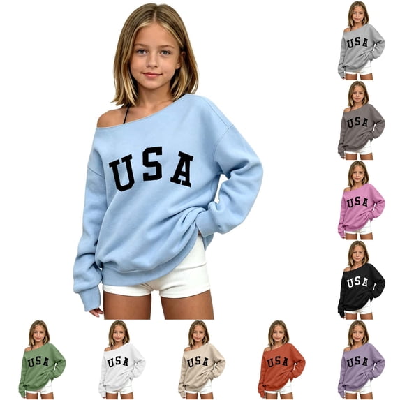 REDARER Girls Off Shoulder Sweatshirt Long Sleeve USA Letter Print Pullover Solid Color Loose Lightweight Casual Top for Kids Holiday Daily Wear,11-12 Years