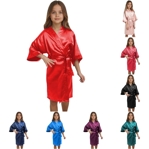 REDARER Girls Silk Like Satin Kimono Robe Short Sleeve V Neck Self Tie Belt Solid Spa Party Wedding Birthday Sleep Bath Robe,7-8 Years