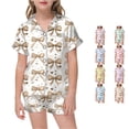 thumbnail image 1 of REDARER Girls Silk Satin Pajama Set Bow Heart Print Short Sleeve Button Front Top Matching Shorts Cute Kids Sleep Loungewear Set,12-13 Years, 1 of 4