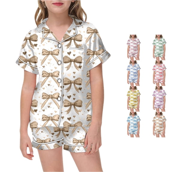 REDARER Girls Silk Satin Pajama Set Bow Heart Print Short Sleeve Button Front Top Matching Shorts Cute Kids Sleep Loungewear Set,12-13 Years
