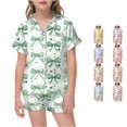 thumbnail image 1 of REDARER Girls Silk Satin Pajama Set Bow Heart Print Short Sleeve Button Front Top Matching Shorts Cute Kids Sleep Loungewear Set,6-7 Years, 1 of 4