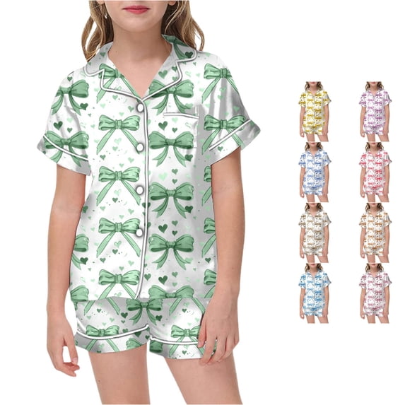 REDARER Girls Silk Satin Pajama Set Bow Heart Print Short Sleeve Button Front Top Matching Shorts Cute Kids Sleep Loungewear Set,6-7 Years