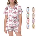 thumbnail image 1 of REDARER Girls Silk Satin Pajama Set Bow Heart Print Short Sleeve Button Front Top Matching Shorts Cute Kids Sleep Loungewear Set,6-7 Years, 1 of 4