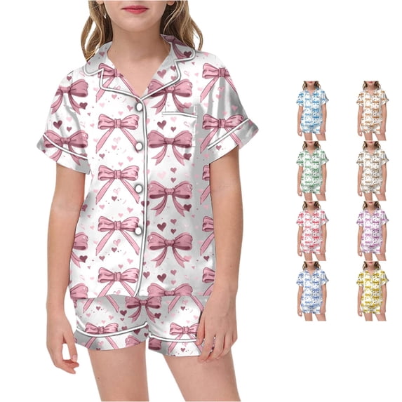 REDARER Girls Silk Satin Pajama Set Bow Heart Print Short Sleeve Button Front Top Matching Shorts Cute Kids Sleep Loungewear Set,6-7 Years