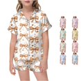 thumbnail image 1 of REDARER Girls Silk Satin Pajama Set Bow Heart Print Short Sleeve Button Front Top Matching Shorts Cute Kids Sleep Loungewear Set,6-7 Years, 1 of 4