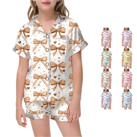 REDARER Girls Silk Satin Pajama Set Bow Heart Print Short Sleeve Button Front Top Matching Shorts Cute Kids Sleep Loungewear Set,6-7 Years