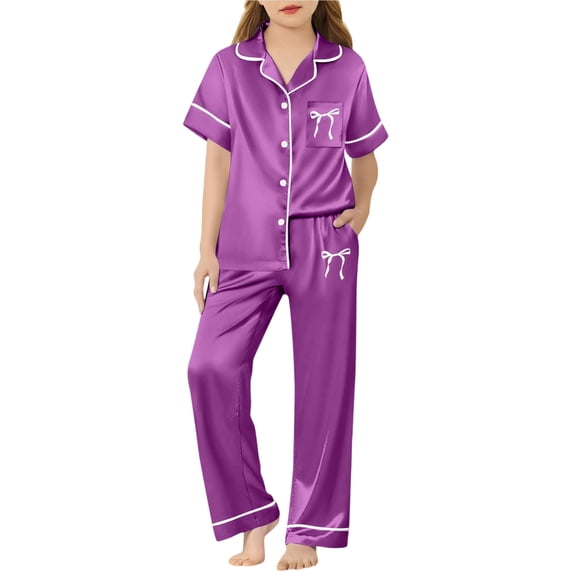 REDARER Girls' Silk Satin Pajama Set, Short Sleeve Button-Down Top & Pants Soft Two-Piece Loungewear for Kids,11-12 Years